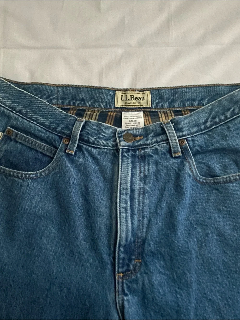 LL Bean Flannel Lined Jeans Mens 33x30 Classic Fit Blue Denim Plaid ID 100220